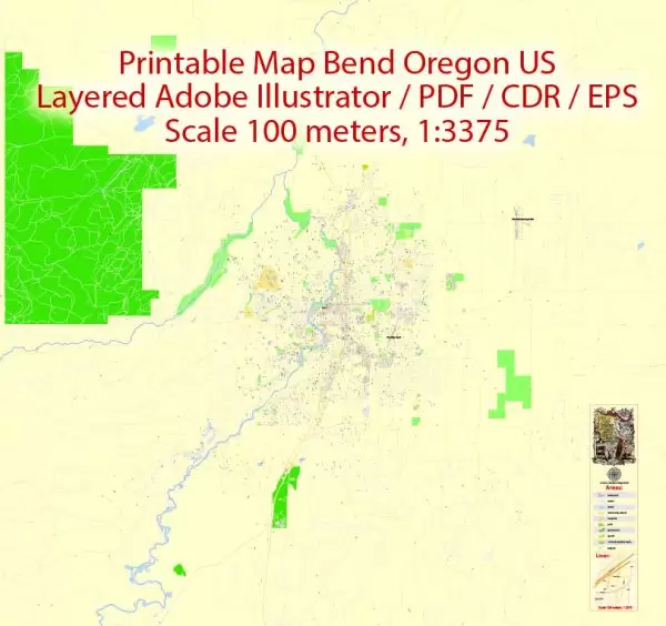 Printable Map Bend Oregon US, exact vector City Plan Map street G-View Level 17 (100 meters scale 1:3375) full editable, Adobe Illustrator