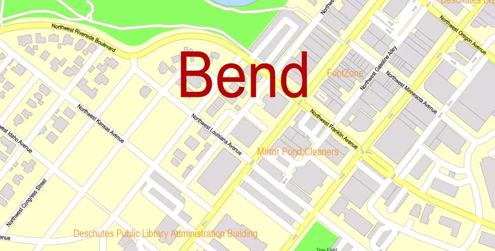 Printable Map Bend Oregon US, exact vector City Plan Map street G-View Level 17 (100 meters scale 1:3375) full editable, Adobe Illustrator