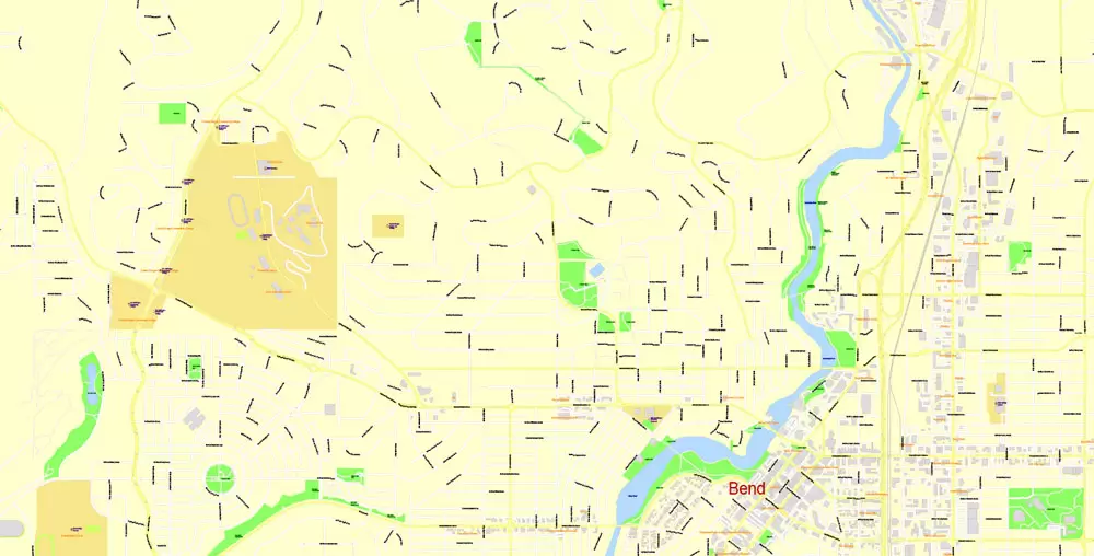 Printable Map Bend Oregon US, exact vector City Plan Map street G-View Level 17 (100 meters scale 1:3375) full editable, Adobe Illustrator