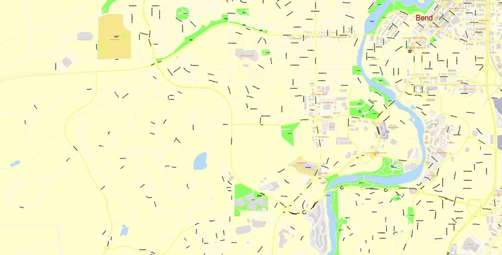 Printable Map Bend Oregon US, exact vector City Plan Map street G-View Level 17 (100 meters scale 1:3375) full editable, Adobe Illustrator