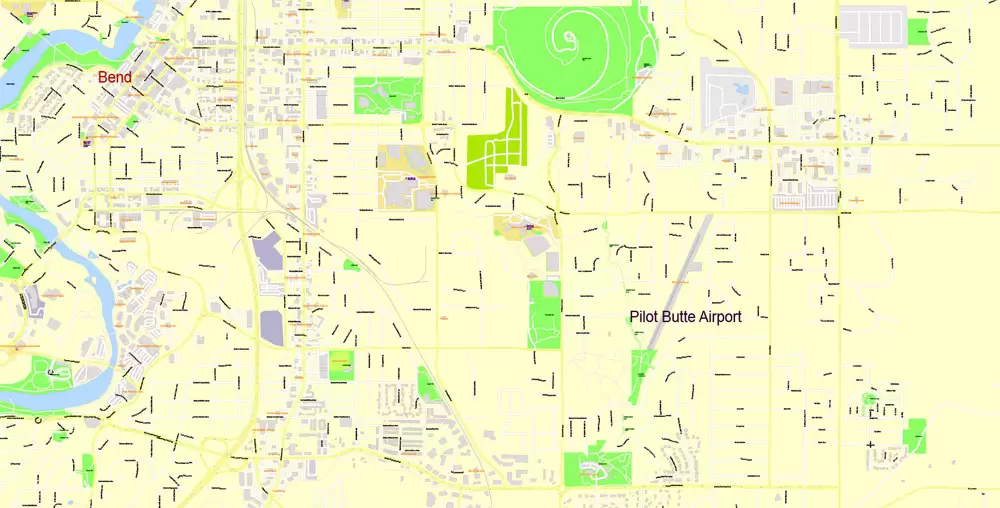 Printable Map Bend Oregon US, exact vector City Plan Map street G-View Level 17 (100 meters scale 1:3375) full editable, Adobe Illustrator