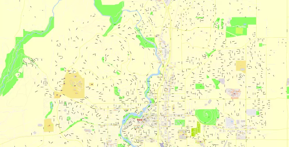 Printable Map Bend Oregon US, exact vector City Plan Map street G-View Level 17 (100 meters scale 1:3375) full editable, Adobe Illustrator