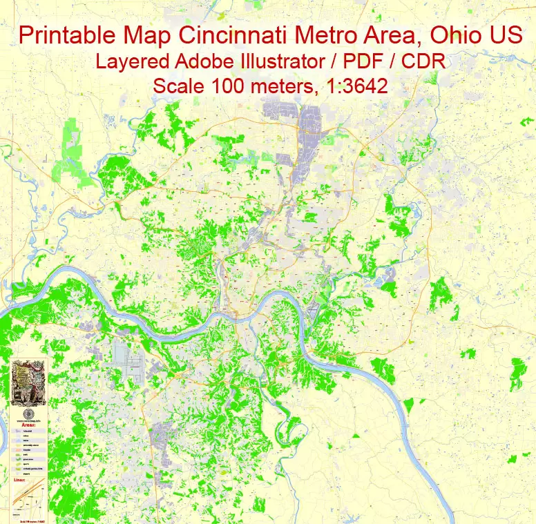 Cincinnati PDF Map Ohio US Editable exact vector City Plan Adobe PDF Street Map