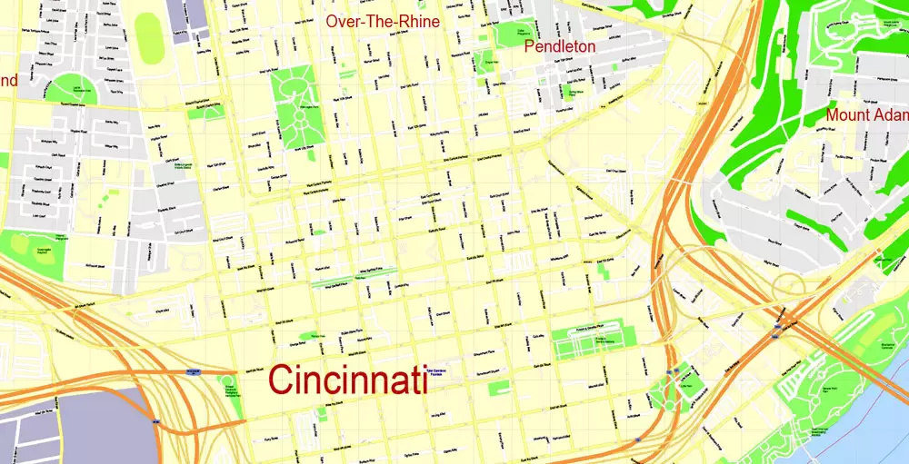 Printable Map Cincinnati Ohio US, exact vector City Plan Map street G-View Level 17 (100 meters scale 1:3642) full editable, Adobe Illustrator