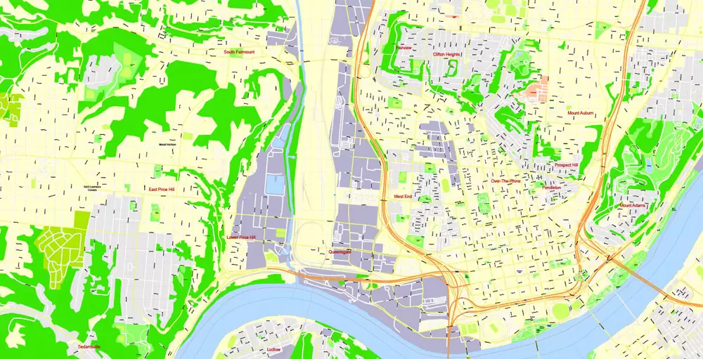 Printable Map Cincinnati Ohio US, exact vector City Plan Map street G-View Level 17 (100 meters scale 1:3642) full editable, Adobe Illustrator