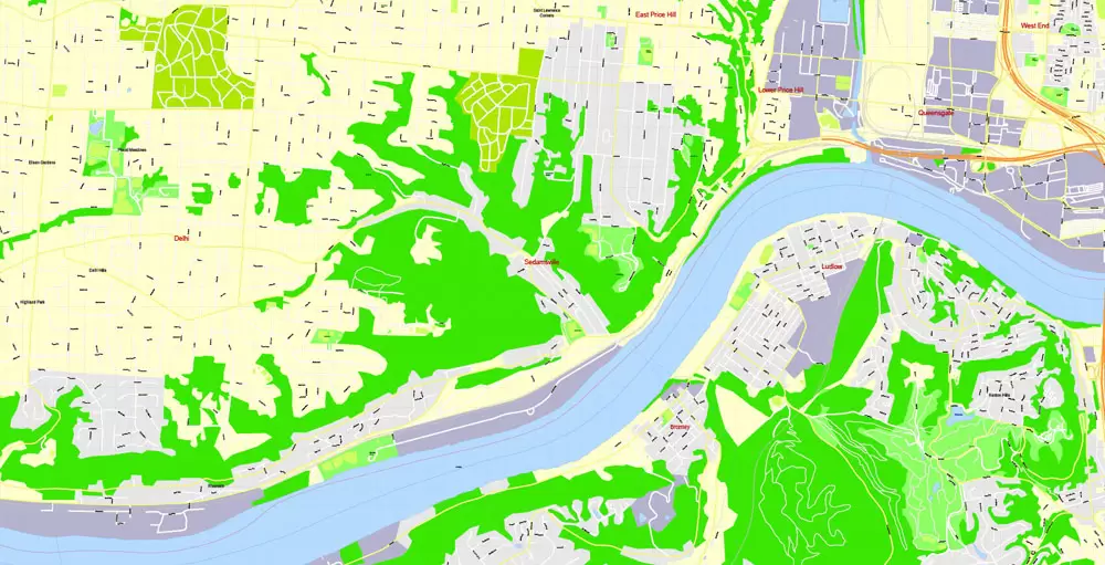 Printable Map Cincinnati Ohio US, exact vector City Plan Map street G-View Level 17 (100 meters scale 1:3642) full editable, Adobe Illustrator