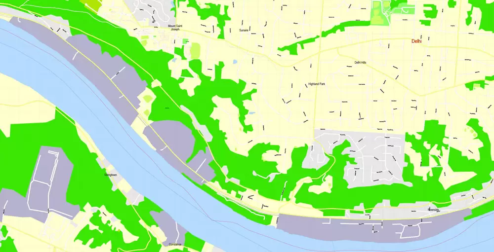 Printable Map Cincinnati Ohio US, exact vector City Plan Map street G-View Level 17 (100 meters scale 1:3642) full editable, Adobe Illustrator