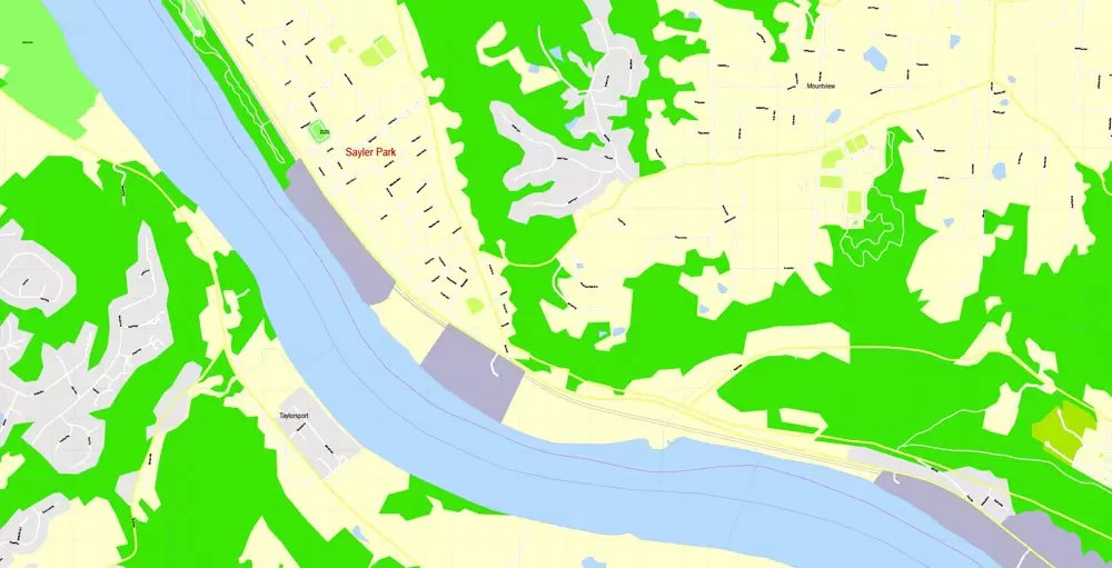 Printable Map Cincinnati Ohio US, exact vector City Plan Map street G-View Level 17 (100 meters scale 1:3642) full editable, Adobe Illustrator