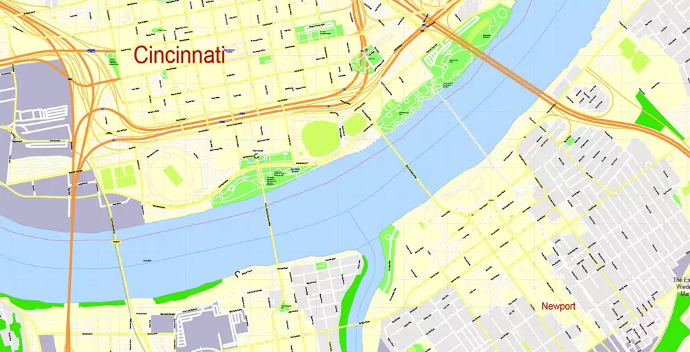 Printable Map Cincinnati Ohio US, exact vector City Plan Map street G-View Level 17 (100 meters scale 1:3642) full editable, Adobe Illustrator