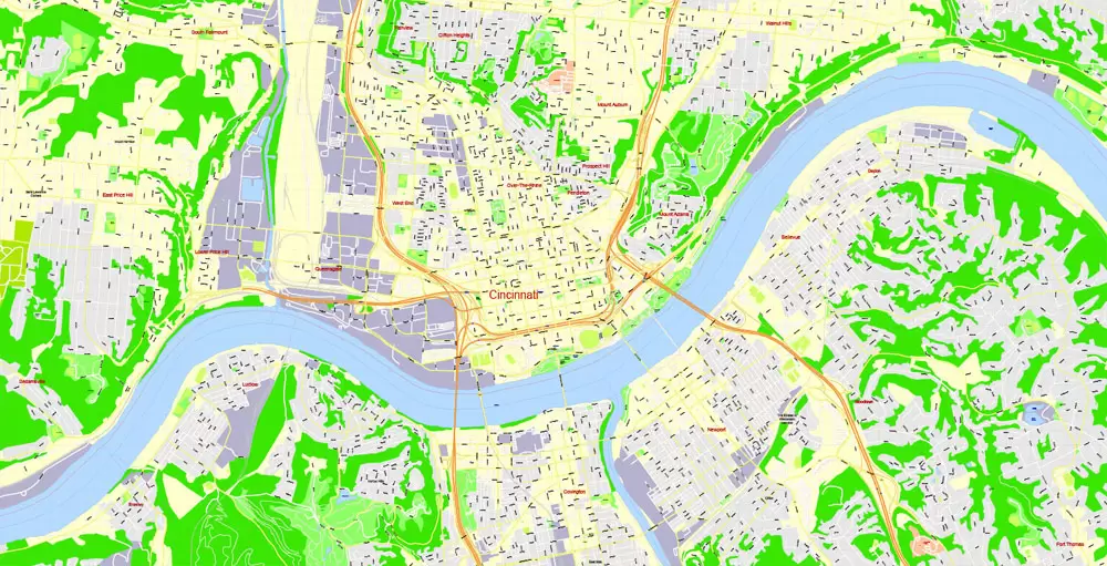 Printable Map Cincinnati Ohio US, exact vector City Plan Map street G-View Level 17 (100 meters scale 1:3642) full editable, Adobe Illustrator