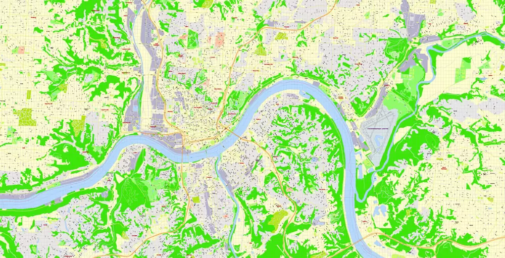 Printable Map Cincinnati Ohio US, exact vector City Plan Map street G-View Level 17 (100 meters scale 1:3642) full editable, Adobe Illustrator