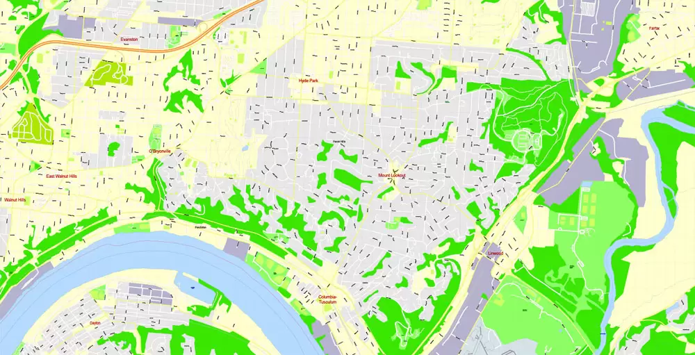 Printable Map Cincinnati Ohio US, exact vector City Plan Map street G-View Level 17 (100 meters scale 1:3642) full editable, Adobe Illustrator