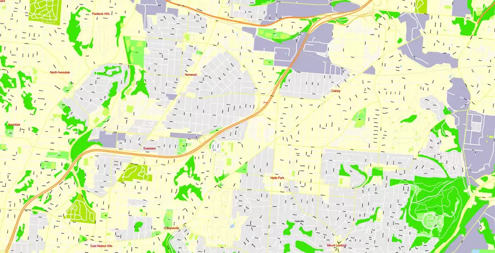 Printable Map Cincinnati Ohio US, exact vector City Plan Map street G-View Level 17 (100 meters scale 1:3642) full editable, Adobe Illustrator