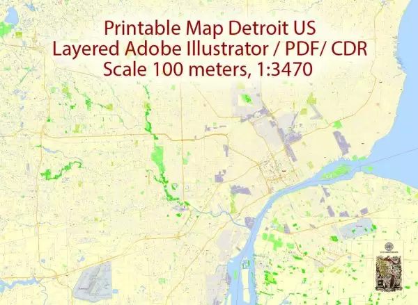 Printable Map Detroit Michigan US, exact vector City Plan Map street G-View Level 17 (100 meters scale 1:3470) full editable, Adobe Illustrator