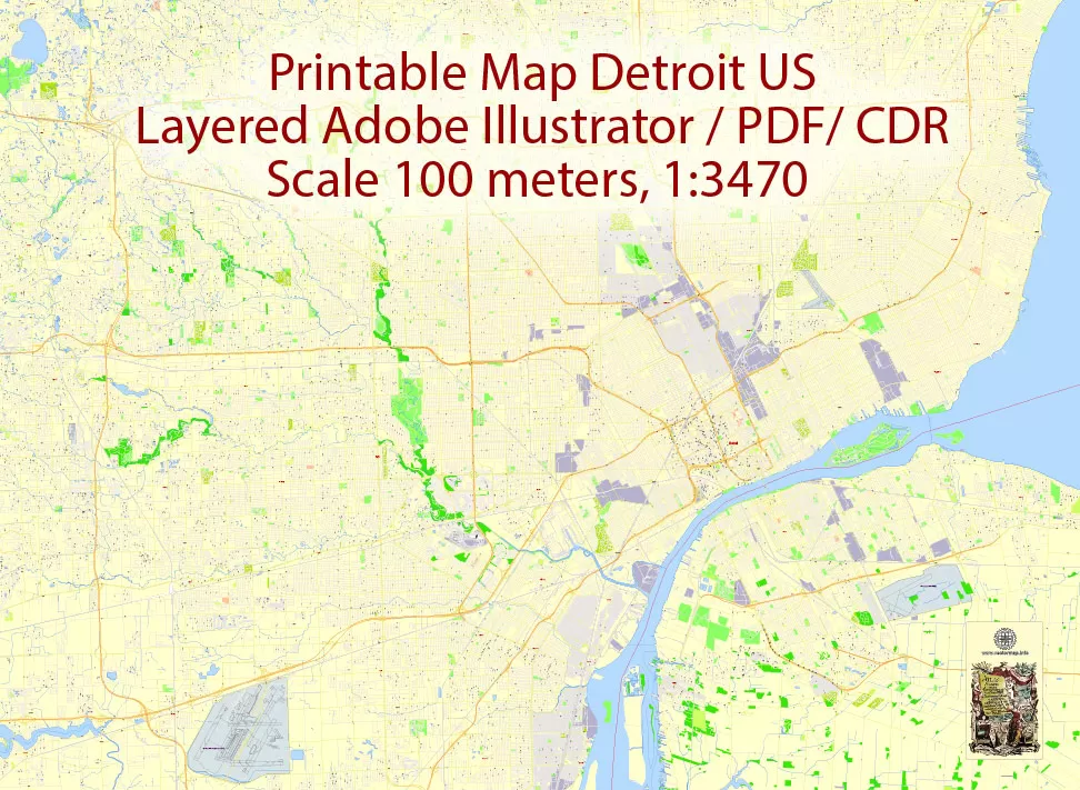 Printable Map Detroit Michigan US, exact vector City Plan Map street G-View Level 17 (100 meters scale 1:3470) full editable, Adobe Illustrator