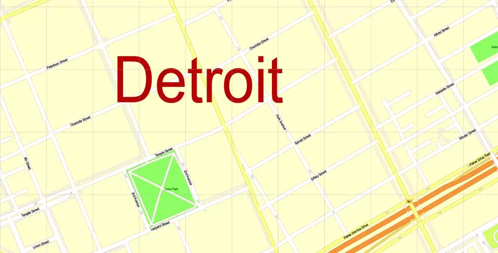 Printable Map Detroit Michigan US, exact vector City Plan Map street G-View Level 17 (100 meters scale 1:3470) full editable, Adobe Illustrator