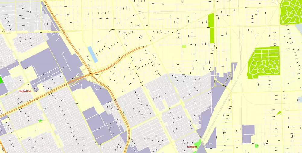 Printable Map Detroit Michigan US, exact vector City Plan Map street G-View Level 17 (100 meters scale 1:3470) full editable, Adobe Illustrator