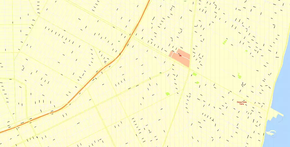 Printable Map Detroit Michigan US, exact vector City Plan Map street G-View Level 17 (100 meters scale 1:3470) full editable, Adobe Illustrator