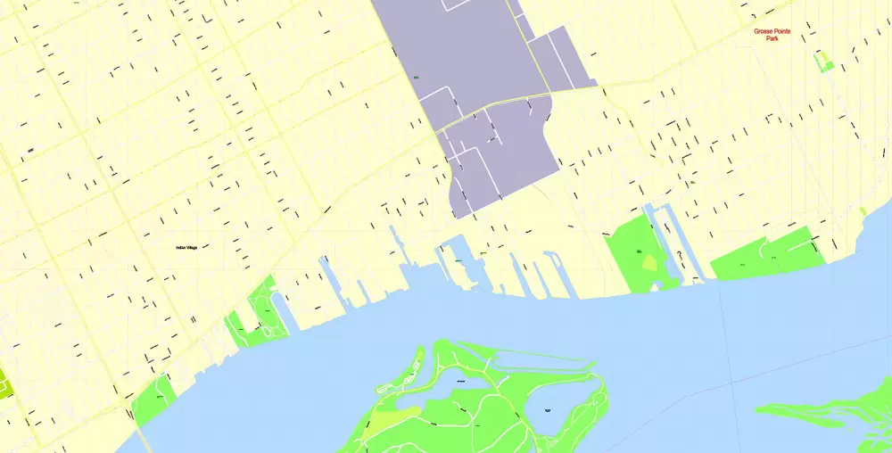 Printable Map Detroit Michigan US, exact vector City Plan Map street G-View Level 17 (100 meters scale 1:3470) full editable, Adobe Illustrator