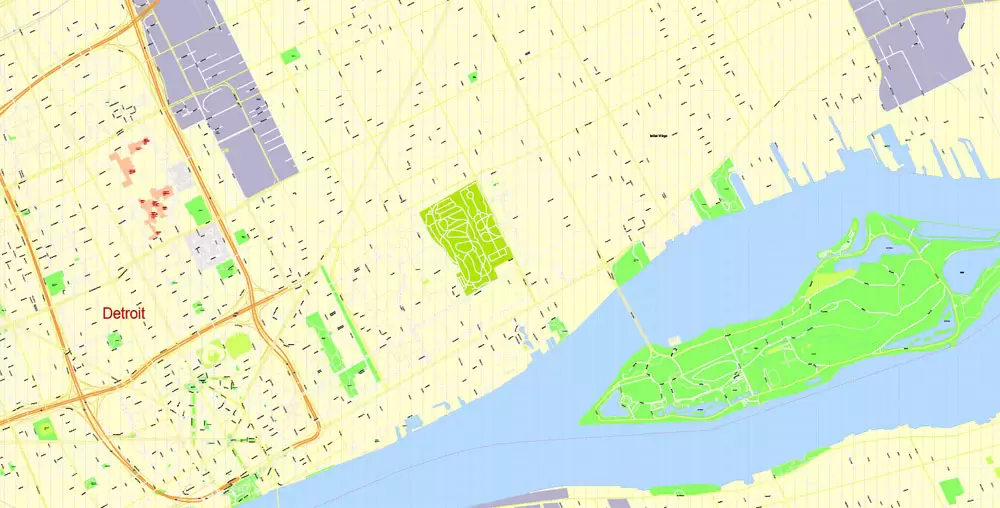 Printable Map Detroit Michigan US, exact vector City Plan Map street G-View Level 17 (100 meters scale 1:3470) full editable, Adobe Illustrator
