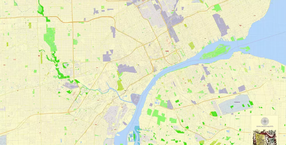 Printable Map Detroit Michigan US, exact vector City Plan Map street G-View Level 17 (100 meters scale 1:3470) full editable, Adobe Illustrator