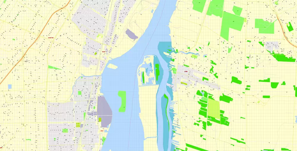 Printable Map Detroit Michigan US, exact vector City Plan Map street G-View Level 17 (100 meters scale 1:3470) full editable, Adobe Illustrator