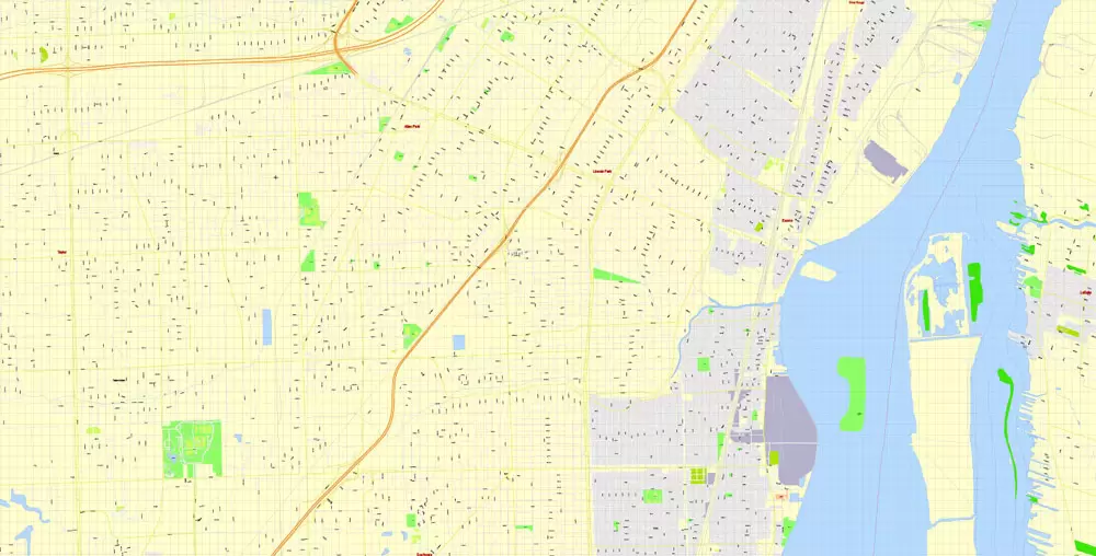 Printable Map Detroit Michigan US, exact vector City Plan Map street G-View Level 17 (100 meters scale 1:3470) full editable, Adobe Illustrator