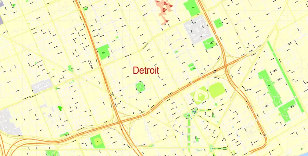 Printable Map Detroit Michigan US, exact vector City Plan Map street G-View Level 17 (100 meters scale 1:3470) full editable, Adobe Illustrator