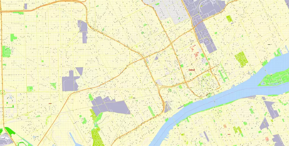 Printable Map Detroit Michigan US, exact vector City Plan Map street G-View Level 17 (100 meters scale 1:3470) full editable, Adobe Illustrator