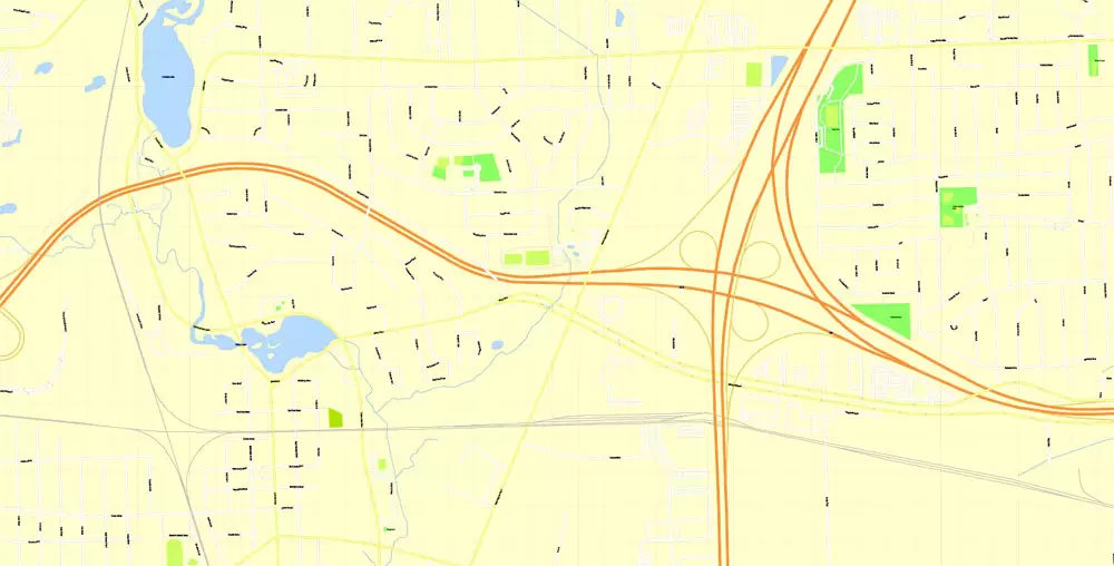 Printable Map Detroit Michigan US, exact vector City Plan Map street G-View Level 17 (100 meters scale 1:3470) full editable, Adobe Illustrator