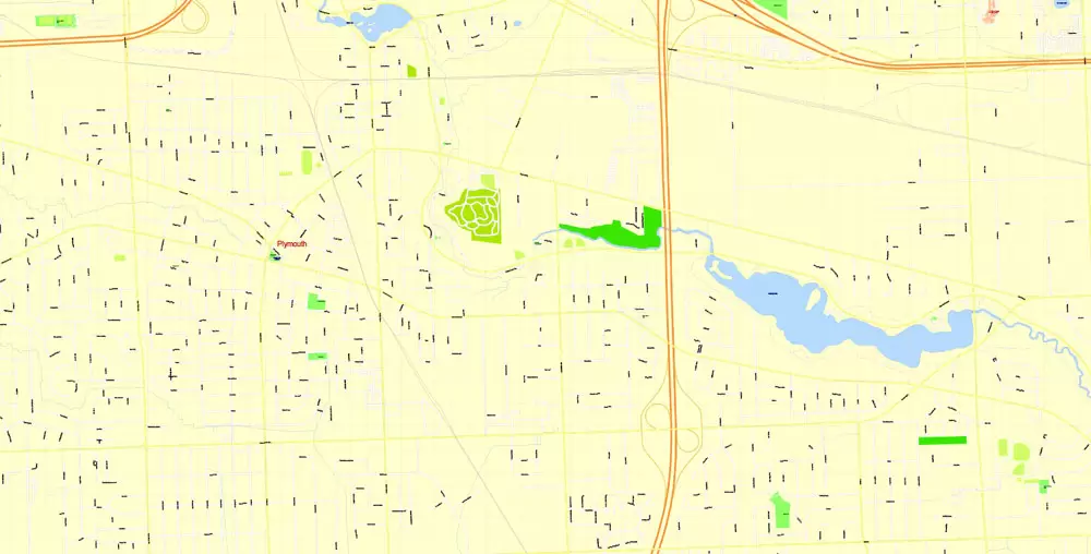 Printable Map Detroit Michigan US, exact vector City Plan Map street G-View Level 17 (100 meters scale 1:3470) full editable, Adobe Illustrator