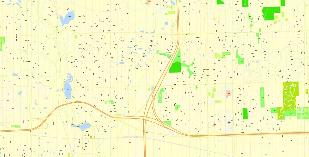 Printable Map Detroit Michigan US, exact vector City Plan Map street G-View Level 17 (100 meters scale 1:3470) full editable, Adobe Illustrator