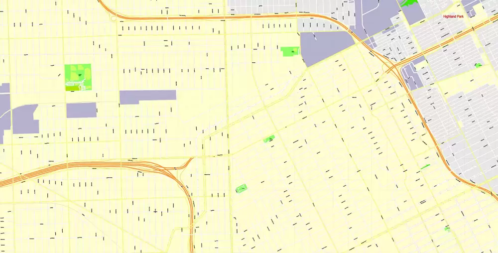 Printable Map Detroit Michigan US, exact vector City Plan Map street G-View Level 17 (100 meters scale 1:3470) full editable, Adobe Illustrator