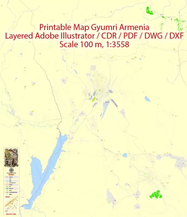 Editable DWG+DXF Map Gyumri Armenia, exact vector City Plan Map street Eng+Arm G-View Level 17 (100 meters scale 1:3558) full editable