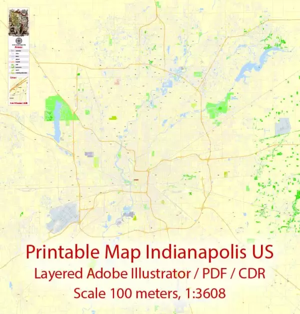 Printable Map Indianapolis US, exact vector City Plan Map street G-View Level 17 (100 meters scale 1:3608) full editable, Adobe Illustrator