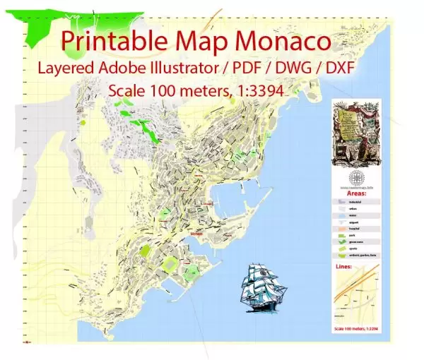 Printable Map Monaco, exact vector City Plan Map street G-View Level 17 (100 meters scale 1:3394) full editable, Adobe Illustrator