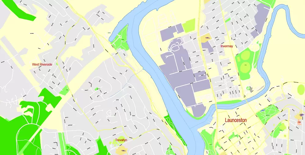 Printable Map North East Tasmania, exact vector City Plan Map street G-View Level 17 (100 meters scale 1:3541) full editable, Adobe Illustrator