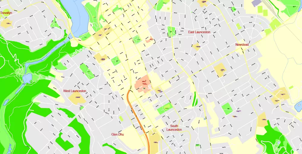 Printable Map North East Tasmania, exact vector City Plan Map street G-View Level 17 (100 meters scale 1:3541) full editable, Adobe Illustrator