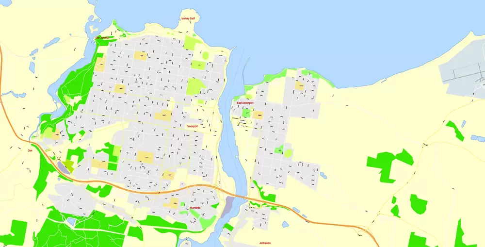 Printable Map North East Tasmania, exact vector City Plan Map street G-View Level 17 (100 meters scale 1:3541) full editable, Adobe Illustrator