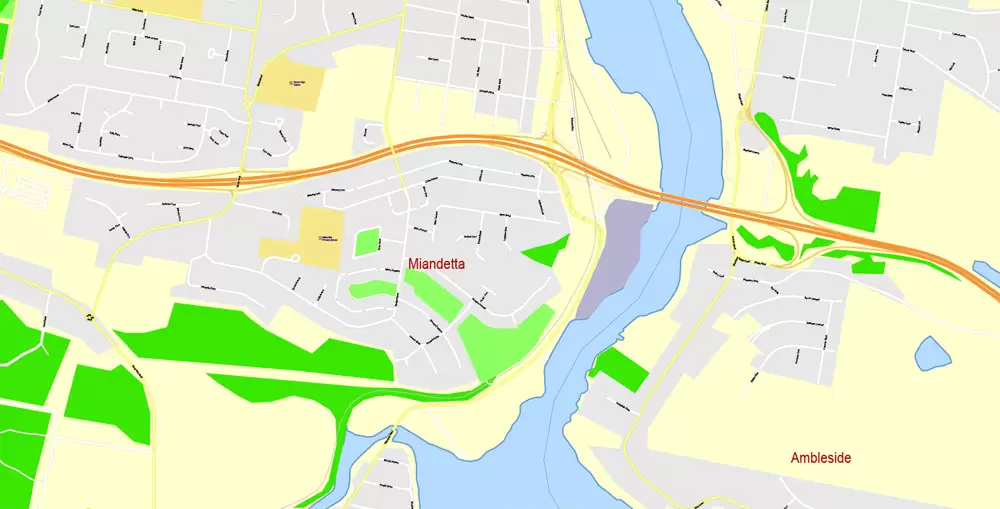 Printable Map North East Tasmania, exact vector City Plan Map street G-View Level 17 (100 meters scale 1:3541) full editable, Adobe Illustrator