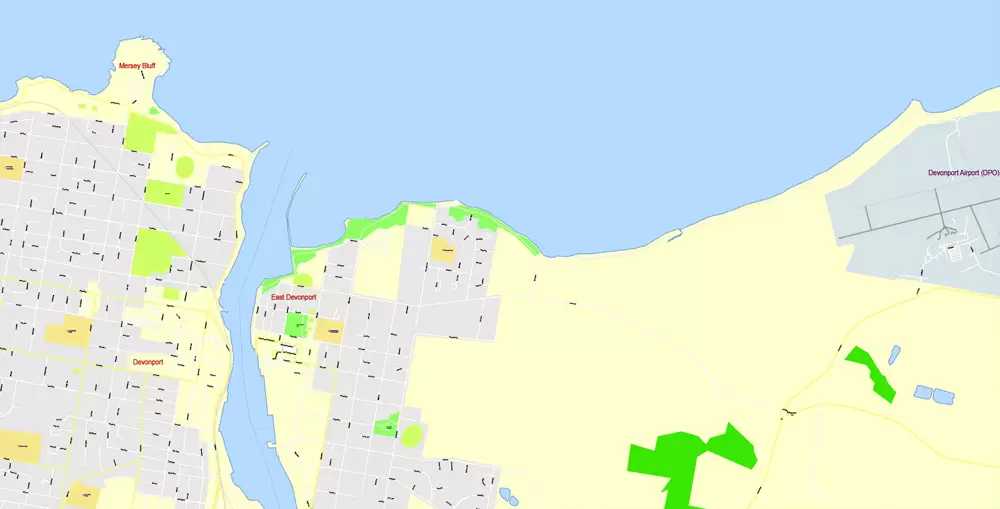 Printable Map North East Tasmania, exact vector City Plan Map street G-View Level 17 (100 meters scale 1:3541) full editable, Adobe Illustrator