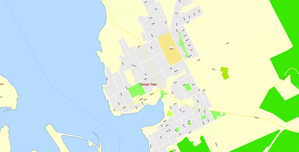 Printable Map North East Tasmania, exact vector City Plan Map street G-View Level 17 (100 meters scale 1:3541) full editable, Adobe Illustrator
