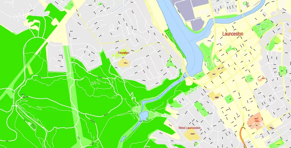 Printable Map North East Tasmania, exact vector City Plan Map street G-View Level 17 (100 meters scale 1:3541) full editable, Adobe Illustrator