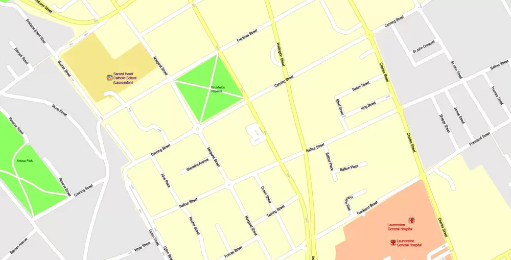 Printable Map North East Tasmania, exact vector City Plan Map street G-View Level 17 (100 meters scale 1:3541) full editable, Adobe Illustrator