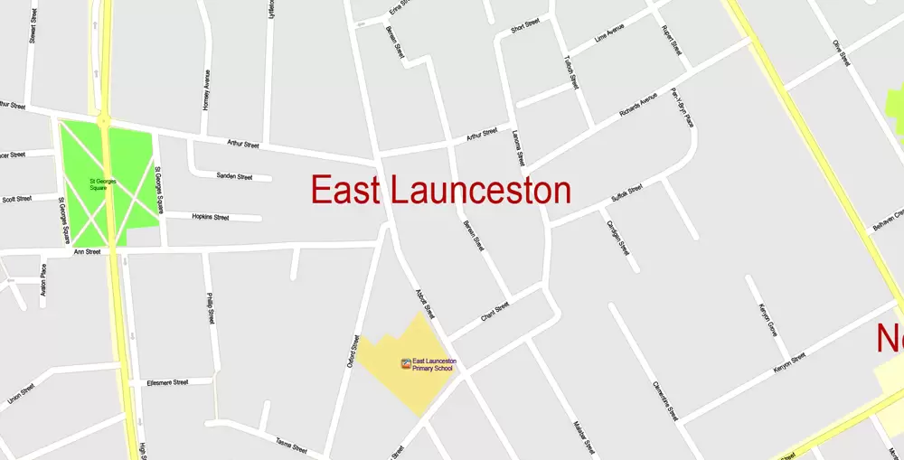 Printable Map North East Tasmania, exact vector City Plan Map street G-View Level 17 (100 meters scale 1:3541) full editable, Adobe Illustrator