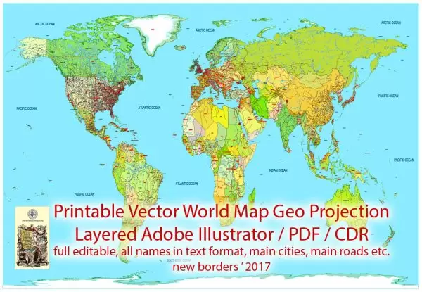 Printable Vector World Map Colored Political updated 2017 with new borders, Main Roads, main Cities, States, all names, fully editable, Adobe Illustrator