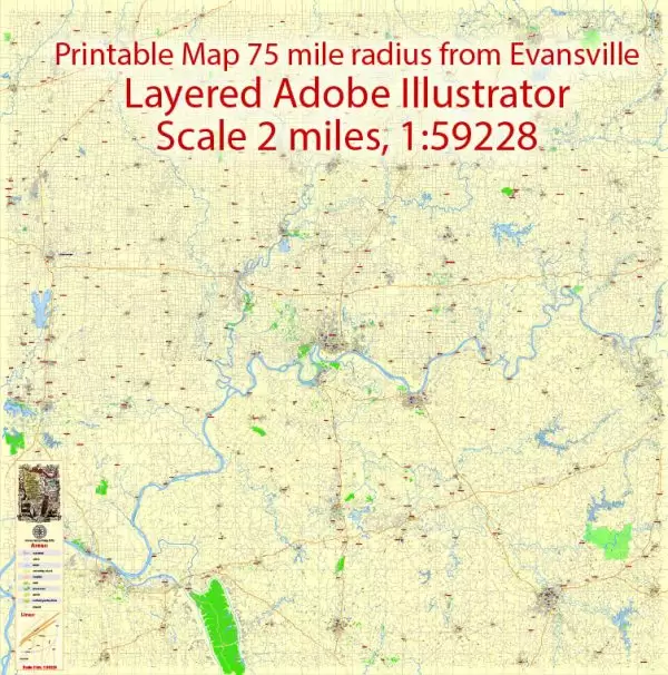 Printable Map area 75 mile radius of Evansville Indiana US, exact vector City Plan Map street G-View Level 13 (2000 meters scale 1:59228) full editable, Adobe Illustrator
