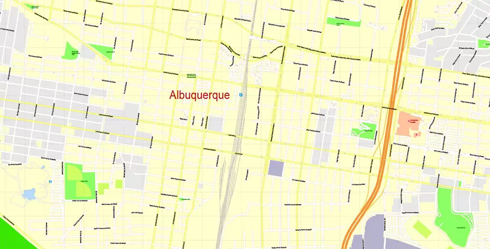 Printable Map Albuquerque, New Mexico US, exact vector City Plan Map street 100 meters scale 1:3842,  full editable, Adobe Illustrator, full vector, scalable, editable text format  street names, 17 mb ZIP