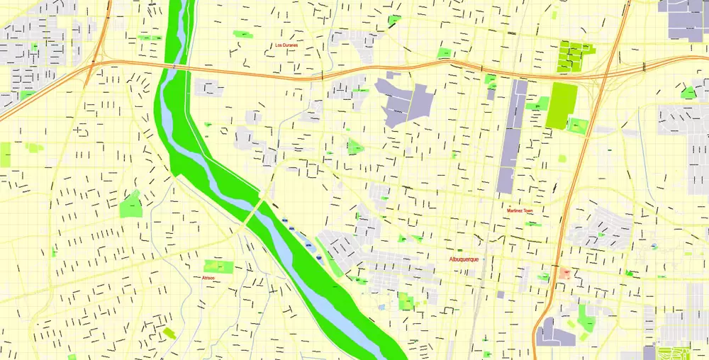 Printable Map Albuquerque, New Mexico US, exact vector City Plan Map street 100 meters scale 1:3842,  full editable, Adobe Illustrator, full vector, scalable, editable text format  street names, 17 mb ZIP