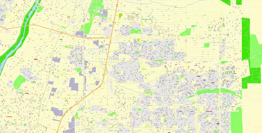 Printable Map Albuquerque, New Mexico US, exact vector City Plan Map street 100 meters scale 1:3842,  full editable, Adobe Illustrator, full vector, scalable, editable text format  street names, 17 mb ZIP